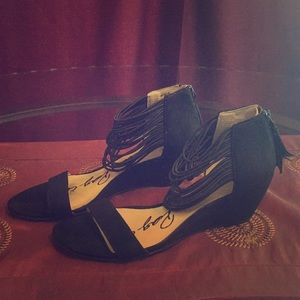 Strappy Black Wedge Tassel Heels